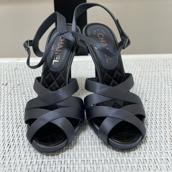 CHANEL embellished blue-grey satin heals sandals size 37 NEW - Picture 5 of 10